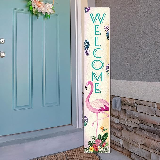 47" Thanksgiving Porch Sign Door Decoration Wooden Porch Sign with Leaves for Front Door Merry Christmas Decorations Rustic Farmhouse Hanging Wall Standing for Harvest(Flamingo)