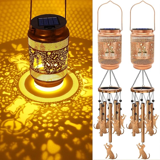 2 Pack Dog Solar Wind Chimes for Outside, Gifts for Mothers Day Mom Women Grandma Birthday Memorial Teacher, 32" Windchimes Outdoor Decor Hanging Solar Lantern for Garden Porch Patio Backyard