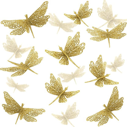 24 Pcs Glitter Dragonfly Decorations, Gold 3D Dragonfly Wall Decor with Clips Stem for Spring Summer Garden Party Wedding, Glitter Dragonflies for Floral Arrangement DIY Craft