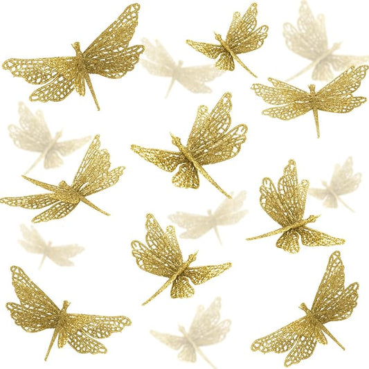 24 Pcs Glitter Dragonfly Decorations, Gold 3D Dragonfly Wall Decor with Clips Stem for Spring Summer Garden Party Wedding, Glitter Dragonflies for Floral Arrangement DIY Craft