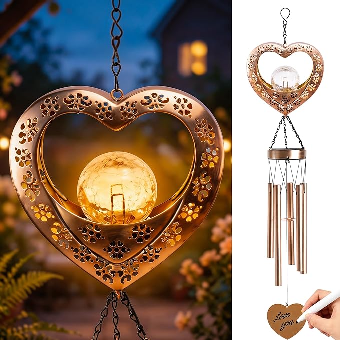 Nacome Solar Heart Wind Chimes for Outside: Weatherproof Metal Outdoor Decor Easy Hanging for Garden Patio Tree Window - Melodious Mother's Day Birthday Gifts for Mom Women Mom Grandma Her Wife