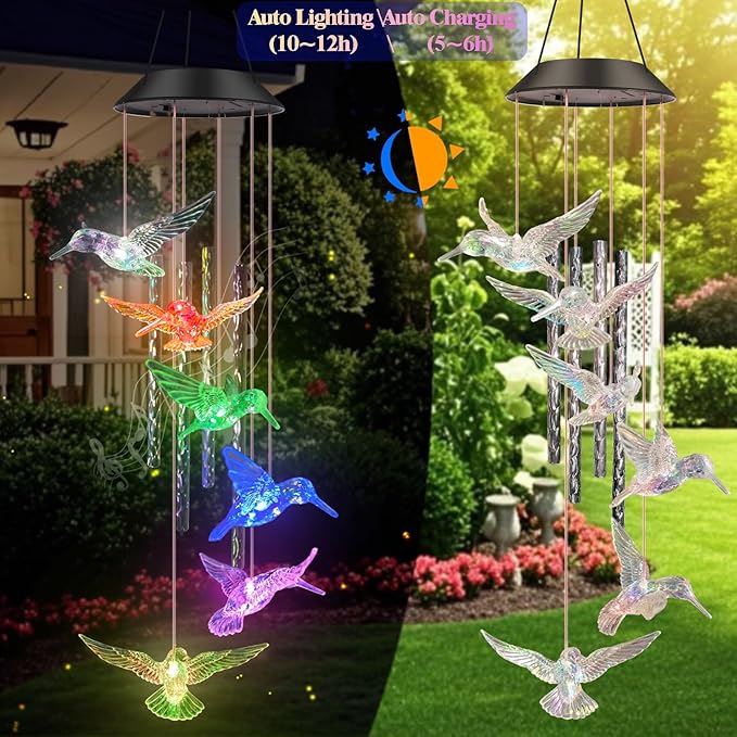 Hummingbird Solar Wind Chime lights,Unique Wind Chimes Gifts for Mom Women Grandma,Color Changing Solar Hummingbird lights Waterproof for Home Garden Yard Patio Windows Party Christmas Decor
