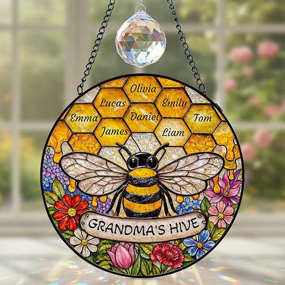 Personalized Mothers Day Stained Glass Gifts for Grandma, Custom Windows Hanging with Kids Name, Suncatcher Ornament Decor Mom Gift from Daugher