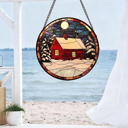 CHATYOUNG Stained Glass Window Hanging Red Christmas Cottage in Winter Snow Scene Large 15" - Suncatcher Door Garden Sun Catcher Decor Birthday Christmas for Mom Woman Nana Friend Men Kids Wife