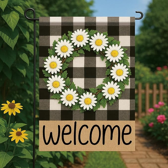 Buffalo Plaid Welcome Wreath Garden Flag 12x18 Double Sided Daisy Flower Flag Rustic Spring Summer Decor for Porch Patio Lawn Farmhouse Seasonal Small Yard Farmhouse Holiday Outdoor