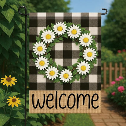 Buffalo Plaid Welcome Wreath Garden Flag 12x18 Double Sided Daisy Flower Flag Rustic Spring Summer Decor for Porch Patio Lawn Farmhouse Seasonal Small Yard Farmhouse Holiday Outdoor