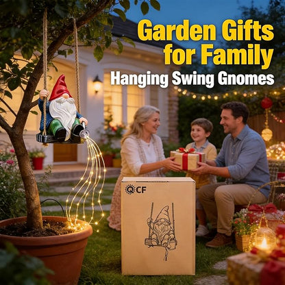 Hanging Garden Gnomes Statues Solar Watering Can Fairy Lights, 6.7''H Swings Gnome Cascading LED Decor for Yard Balcony Backyard Tree Outside, Housewarming Birthday Gifts for Woman Mom Grandma