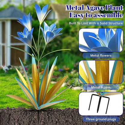 TOMBABY 32.28 Inch Metal Agave Plant Outdoor Decoration Lily Mexican Yard Art Garden Gift Home Decor Hand Painted Metal Agave Garden Yard Statue (2, Blue)