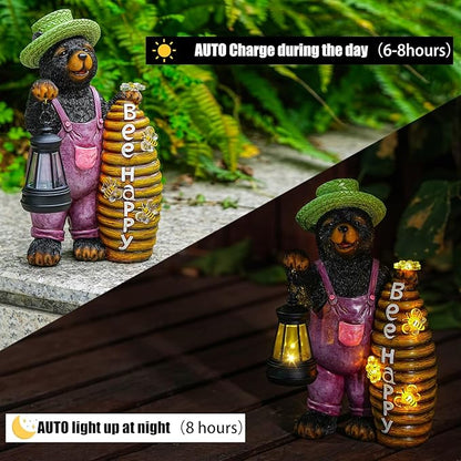 Joint Honglin Solar Adorable Bear Garden Statue with Beehive and Lantern - “Bee Happy” Resin Outdoor Decoration for Yard, Patio, or Home Decor
