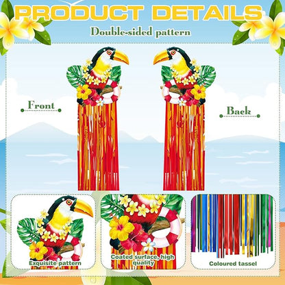 Affrolling 8 Pcs Tropical Birds Party Decoration Hawaiian Luau Tiki Jungle Theme Hanging Outdoor Decor with Tassels for Birthday Party Supplies 3.3 ft Summer Bird Toucan Leaf Garland Door Banner Sign