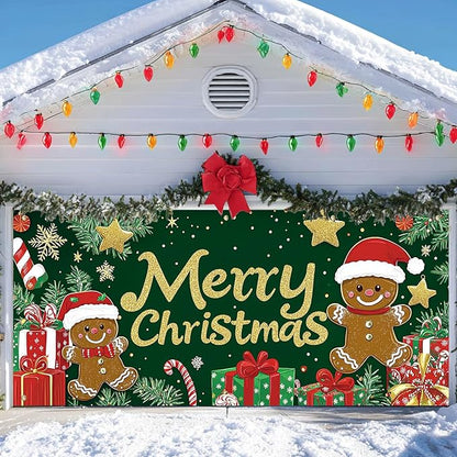 IVN Merry Christmas Garage Door Banner 13x6ft Festive Backdrop Gingerbread Cookie Gifts Green Photo Prop Background for Joyful Holiday Yard Door Cover Background Outdoor Winter Scene