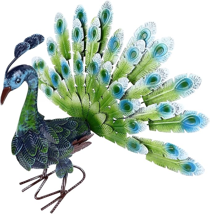 Metal Peacock Statue, Realistic Peacock Sculpture with Intricate Feather Details, Weatherproof Iron Garden Decor for Outdoor Lawn or Indoor Living Room Display