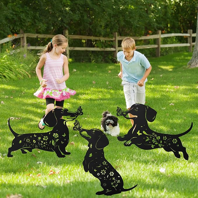 Romart Dachshund Decorative Garden Stakes, 3 Pcs Wiener Dog Gifts Metal Garden Stakes for Women Men, Dachshund Butterfly Flower Outdoor Yard Art Lawn Decor