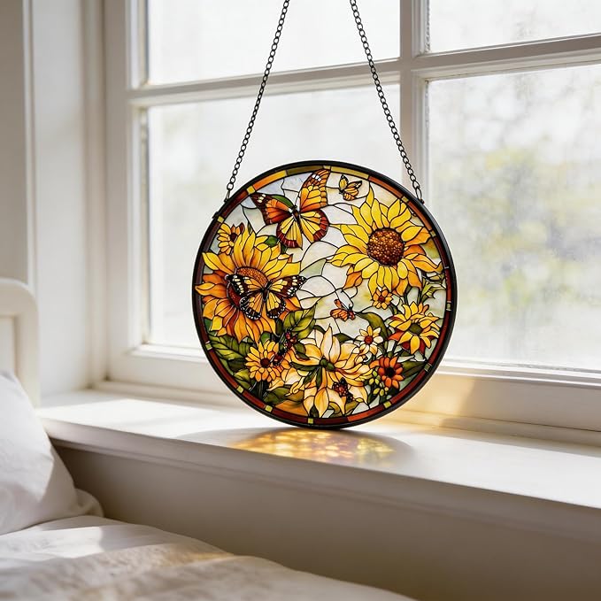 Stained Glass Sun Catcher,Sun FlowersStained Glass Window Hanging Garden Decor,Sun Catchers Indoor Window,Whimsical Decoration for Home Backyard Patio Lawn Porch with 6.3 INCH