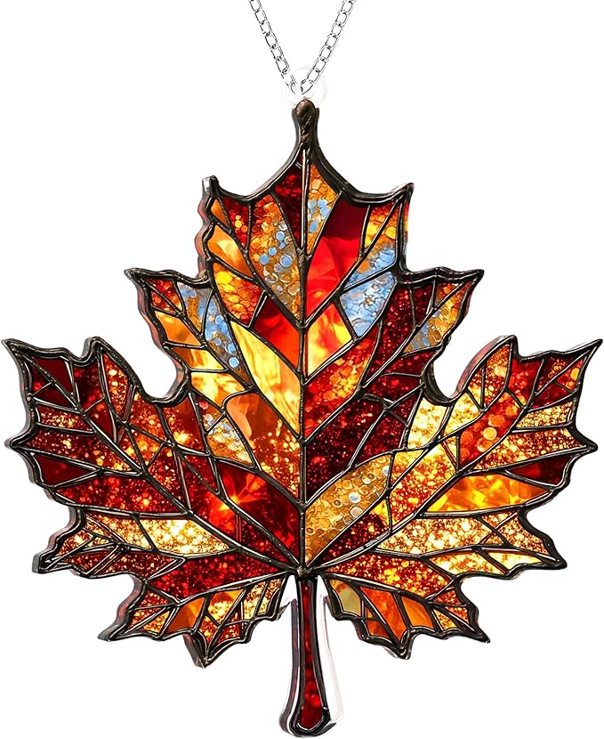 Maple Leaf Suncatcher, Faux Stained Glass Fall Suncatchers for Windows Hanging, Thanksgiving, 2D Acrylic Maple Leaves Fall Ornaments, Xmas Tree Decorations, Autumn Decor (Maples Leaf)