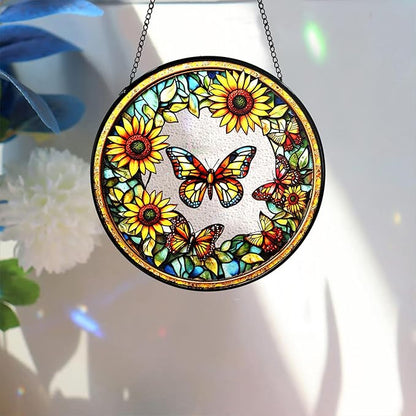 Bimkole Sunflower Stained Glass Suncatcher Window Hanging - Butterfly Design for Indoor Window or Doorway Decoration - 7.87x7.87 inch with Chain and Hook - Unique Home Decor Gift