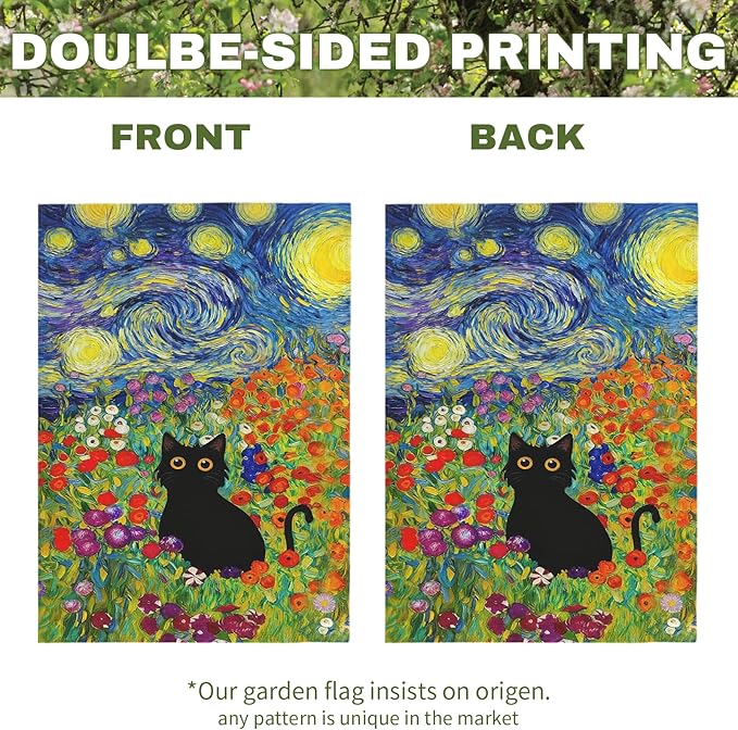 Spring Cat Garden Flag Van Gogh Style Black Cats Yard Falgs Vibrant Starry Night Floral Colorful Summer Artistic Kitty Flower Field House Banner for Porch Patio Lawn Pathway 12x18 Inch