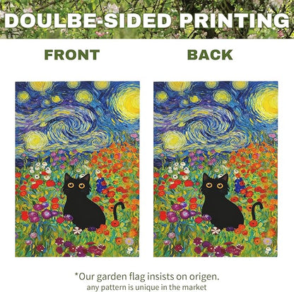 Spring Cat Garden Flag Van Gogh Style Black Cats Yard Falgs Vibrant Starry Night Floral Colorful Summer Artistic Kitty Flower Field House Banner for Porch Patio Lawn Pathway 12x18 Inch