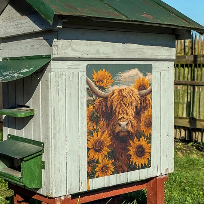 Pastoral Highland Cattle Metal Poster Wall Art, 12X16 Inch Metal Sign Depicting Shaggy Scottish Cow.Vintage Colors Aesthetics,Vibrant Design,Gift Ideal For Farm Life Lovers