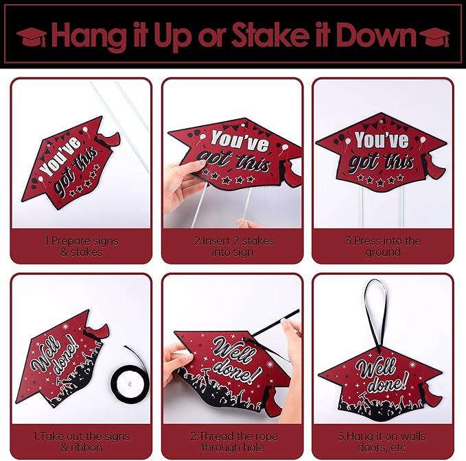 16 Pieces 2026 Graduation Yard Signs Plastic Congrats Grad Decor with 32 Stake and Ribbon Graduate Cap Hanging Yard Sign for Party Outdoor Lawn Pathway Walkway Decorations(Maroon)
