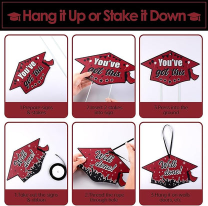 16 Pieces 2026 Graduation Yard Signs Plastic Congrats Grad Decor with 32 Stake and Ribbon Graduate Cap Hanging Yard Sign for Party Outdoor Lawn Pathway Walkway Decorations(Maroon)