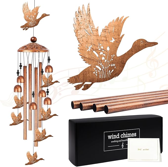 Duck Wind Chimes for Outside, Duck Gifts for Women Men Nature Lovers Metal Windchimes Outdoors, Flying Floral Bird Design Home Garden Patio Yard Decor