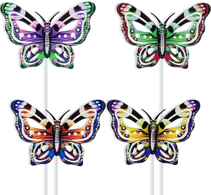 4Pcs Butterfly Garden Stakes Decor, Colorful Butterflies Decorations, Metal Yard Art for Outdoor Lawn Porch Pathway Yard Patio Plant Pot Ornaments (Butterfly- A)