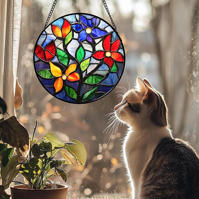 Stained Glass Window Hanging Colorful Flowers and Leaves Large 15" - Suncatcher Door Garden Sun Catcher Home Decor Birthday Christmas Mother's Day for Mom Men Woman Nana Friend