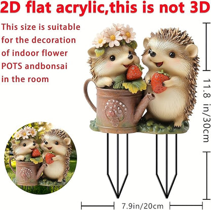 Garden Stake Decor, Acrylic 2D Flat Cute Animal Statue, Fairy Sculptures Ornament Indoor Outdoor Yard Lawn Pot Plant Decorative Accessories (Two Hedgehogs)
