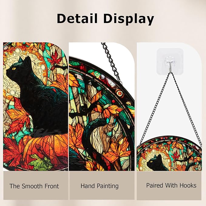 Stained Glass Window Hanging, Halloween Decorations Black Cat Maple Leaf Suncatcher for Doors Garden Indoor Funny Spooky Sun Catchers Gothic Decor for Women, Men, and Mom 7.8 in