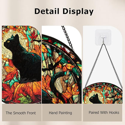 Stained Glass Window Hanging, Halloween Decorations Black Cat Maple Leaf Suncatcher for Doors Garden Indoor Funny Spooky Sun Catchers Gothic Decor for Women, Men, and Mom 7.8 in