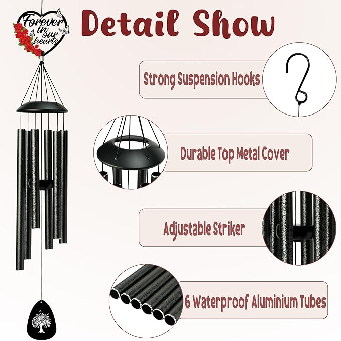 BUoonyer Memorial Sympathy Wind Chimes - Memorial Gifts for Loss of Loved One Mom Grandma, Rose Remembrance Sympathy Commemorative Bereavement Windchimes for Mother Sister Women Outdoor Outside Decor