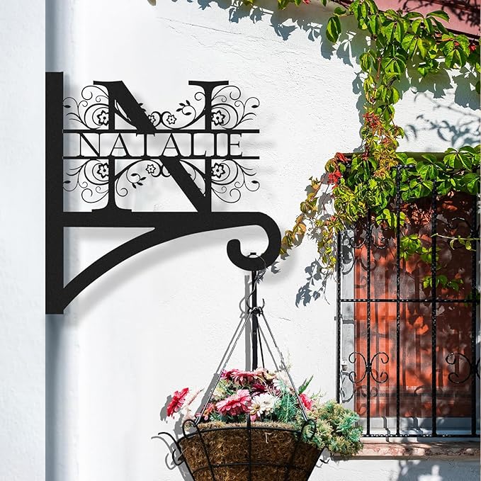 Custom Family Name Hanging Bracket Indoor and Outdoor | Personalized Initials Flower Hangers Gifts for Mother | Customizable 10 Inch Metal Plant Hanger | Plant Hook for Bird Feeder Wind Chime