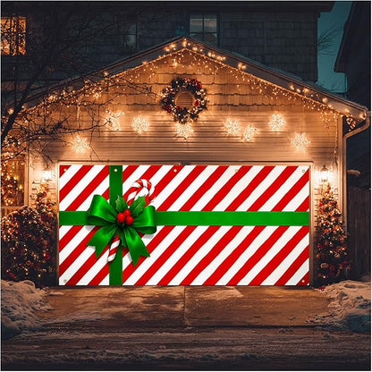 HOMETITUTE Christmas Garage Door Banner 13x6ft Gift Wrap Bow Ribbon Theme Backdrop Seasonal Christmas Decor Winter Door Cover Banners for Outside Garage Wall Covering for Party Garage Decorations
