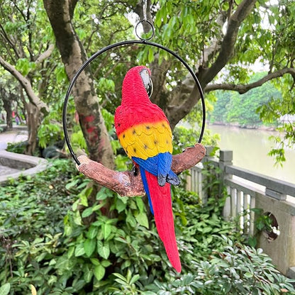 Hanging Scarlet Macaw Parrot Perching on Branch in Metal Round Ring for Home Patio Garden Decor 16" H (Red and Yellow)