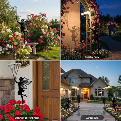 Solar Fairy Garden Stake - 5 Glowing Glass Crackle Orbs Metal Silhouette - Waterproof Outdoor Decorative Lights for Pathway, Yard, Patio - Unique Gardening Gifts for Women/Mom(Fairy)