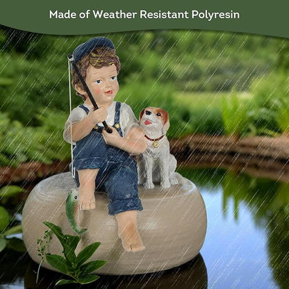 Lily's Home 10-Inch Fishing Boy and Dog Statue - Resin Garden Decor for Outside - Outdoor and Garden Decorations - Cottage Style Garden Statues Yard Art