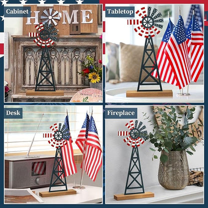Tandefio 1 Pcs Patriotic Farmhouse Windmill Table Top 11.8 Inch Metal Rustic 4th of July Vintage Desk Shelf Decor Farmhouse American Red White Blue Windmill for 250th Anniversary Memorial Day Home
