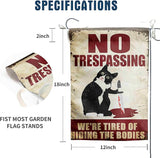 No Trespassing We're Tired of Hiding the Bodies Sign Black Cat Garden Flag Halloween Decorations Outdoor Funny Flag for Yard Party Tombstones Decor 12x18 Double Sided