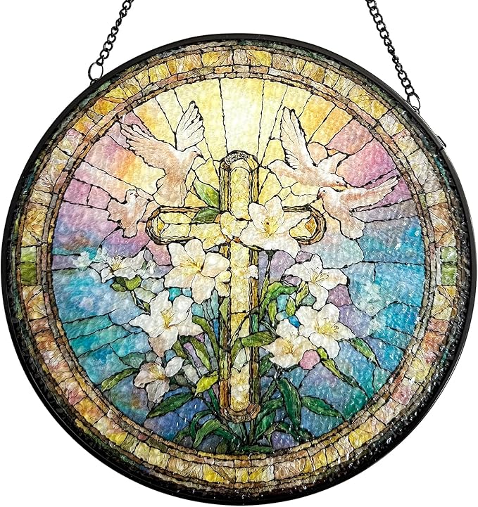 Stained Glass Window Hanging, Cross & Wildflowers Christian Faith Suncatcher Ornament Decoration, Hanging Home Decor for Door Garden Porch, Easter Birthday Religious Gift for Women Mom, 7.8 Inch