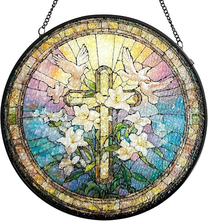 Stained Glass Window Hanging, Cross & Wildflowers Christian Faith Suncatcher Ornament Decoration, Hanging Home Decor for Door Garden Porch, Easter Birthday Religious Gift for Women Mom, 7.8 Inch
