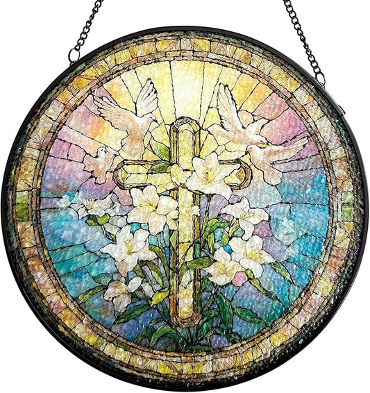 Stained Glass Window Hanging, Cross & Wildflowers Christian Faith Suncatcher Ornament Decoration, Hanging Home Decor for Door Garden Porch, Easter Birthday Religious Gift for Women Mom, 7.8 Inch