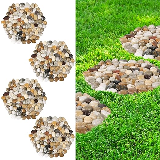 River Rock Stepping Stones Outdoor for Garden Walkway, 10 inch 4 Pcs Hexagon Shape Paver Step Stones Polished Pebble River Stone Mat for Yard Lawn Patio Pathway Walk Way - Multi-Color