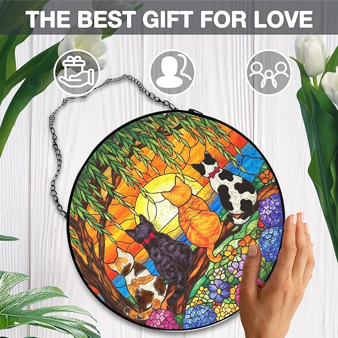 Cat Flower Stained Glass Window Hanging, Cat Mom Lovers Gifts for Women, Nature Sunset Kitten Landscape Suncatchers Sun Catchers Indoor Window Glass Wall Art Decorations, 7.9x7.9in, Patio