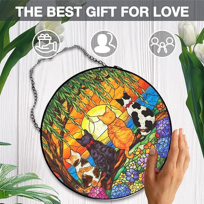 Cat Flower Stained Glass Window Hanging, Cat Mom Lovers Gifts for Women, Nature Sunset Kitten Landscape Suncatchers Sun Catchers Indoor Window Glass Wall Art Decorations, 7.9x7.9in, Patio