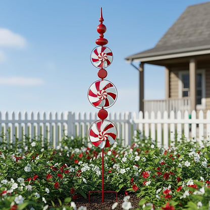 Red Candy Wind Spinner Mother's Day Outdoor Decorations,52 Inch Metal Wind Spinner Outdoor Decoration for Yard Art and Garden Lawn Ornaments，Outdoor Mother's Day Decorations Yard and Lawn Ornaments