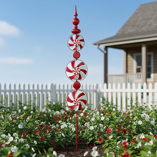 Red Candy Wind Spinner Mother's Day Outdoor Decorations,52 Inch Metal Wind Spinner Outdoor Decoration for Yard Art and Garden Lawn Ornaments，Outdoor Mother's Day Decorations Yard and Lawn Ornaments