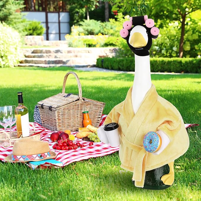 Porch Goose Statue Outfits Set Porch Goose Clothes with Wide Hat Costumes for 23" Plastic Statue Patio Yard Garden Lawn Outdoor Decoration(Yellow,Coffee Cup)