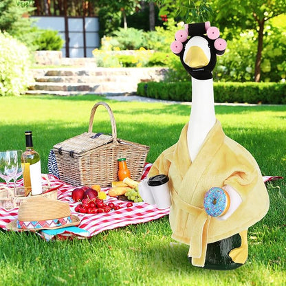 Porch Goose Statue Outfits Set Porch Goose Clothes with Wide Hat Costumes for 23" Plastic Statue Patio Yard Garden Lawn Outdoor Decoration(Yellow,Coffee Cup)