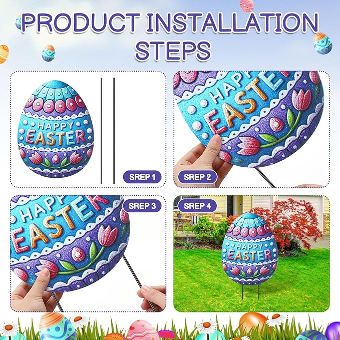 DoubleFill 3 Pcs Easter Decorations Outdoor 3D Metal Easter Eggs Yard Signs Decorative Garden Stakes Eggs Bunny Lawn Decorations Yard Decor for Spring Ornament Lawn Pathway Garden(Crayon Style)